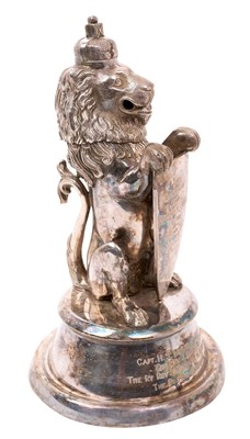 Lot 428 - A Victorian silver plated desk inkwell in the form of an heraldic lion, with hinged head...