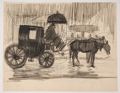 Lot 1147 - *Sir Alfred Munnings (1878-1959) pencil sketch of a horse-drawn cab in the rain, sketches verso, 20cm x 25.5cm, from a sketch book belonging to Norman Garston of Newlyn