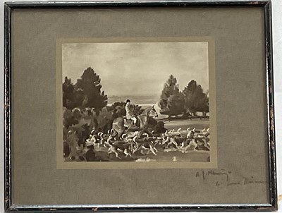 Lot 1146 - Sir Alfred Munnings (1878-1959) signed photographic print of the Belvoir Hounds, dedicated to Leonard Richardson, 24cm x 31cm, in glazed frame