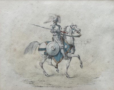 Lot 1237 - Henry Thomas Alken (1785-1851) watercolour - A Knight in Armour on a Grey Horse, signed and dated 1830, 15.5cm x 19cm, in glazed frame