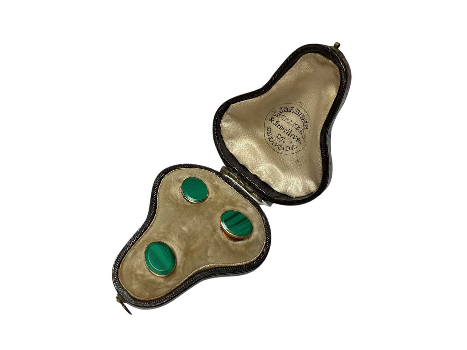 Lot 222 - Set of three mid Victorian gold and malachite dress studs in original fitted leather case retailed by J.&F. Biden, Cheapside