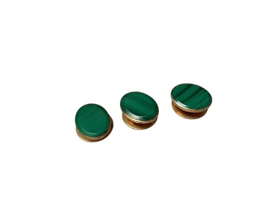 Lot 222 - Set of three mid Victorian gold and malachite dress studs in original fitted leather case retailed by J.&F. Biden, Cheapside