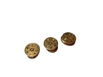 Lot 222 - Set of three mid Victorian gold and malachite dress studs in original fitted leather case retailed by J.&F. Biden, Cheapside