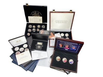 Lot 476 - World - Mixed silver coins to include sets 'Historic Coins of G.B. (N.B. To include silver £2 Britannias), Queen Mother 2006, Harrington & Bryne five coin .999 1oz set 2023, Channel Islands...