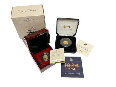 Lot 479 - World - Mixed gold proof coins to include Royal Mint G.B. £10 RNLI 200 years commemorative 2024 (N.B. 999.9 AU, 3.13gms) and Harrington & Bryne Tristian Da Cunha Half Sovereign commemorating...