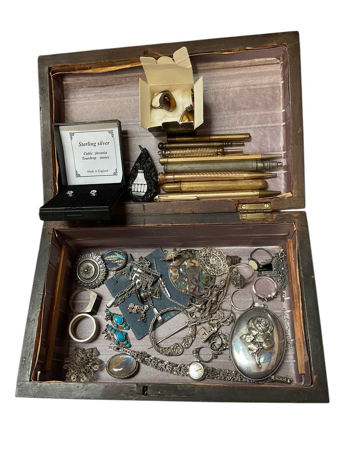 Lot 58 - Group of silver and white metal jewellery, Victorian and later gold plated propelling pencils etc, within a wooden work box