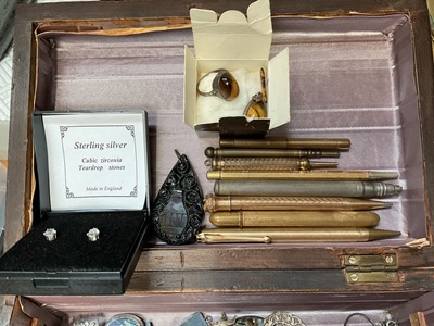 Lot 58 - Group of silver and white metal jewellery, Victorian and later gold plated propelling pencils etc, within a wooden work box