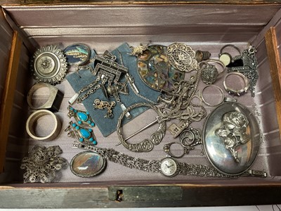Lot 58 - Group of silver and white metal jewellery, Victorian and later gold plated propelling pencils etc, within a wooden work box