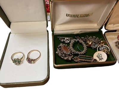 Lot 43 - Group of vintage costume jewellery including coral necklaces, two silver gilt gem set rings, gold plated chains, hat pins etc