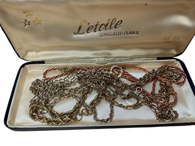 Lot 43 - Group of vintage costume jewellery including coral necklaces, two silver gilt gem set rings, gold plated chains, hat pins etc