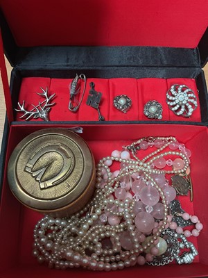 Lot 43 - Group of vintage costume jewellery including coral necklaces, two silver gilt gem set rings, gold plated chains, hat pins etc