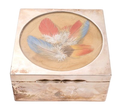 Lot 429 - Edwardian silver cigarette box of square form, with hinged cover, inset with Trompe l'oeil painting