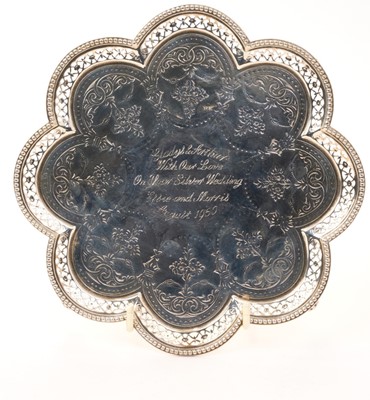 Lot 433 - Victorian silver salver of shaped hexagonal form, with pierced and engraved floral decoration