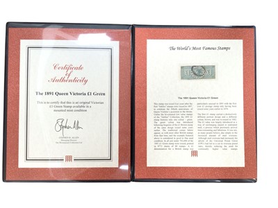 Lot 1151 - Stamps G.B. 1891 Queen Victoria £1 green used copy with oval Lombard Street cancel housed in Stephen Allen presentation folder with Certificate of Authenticity