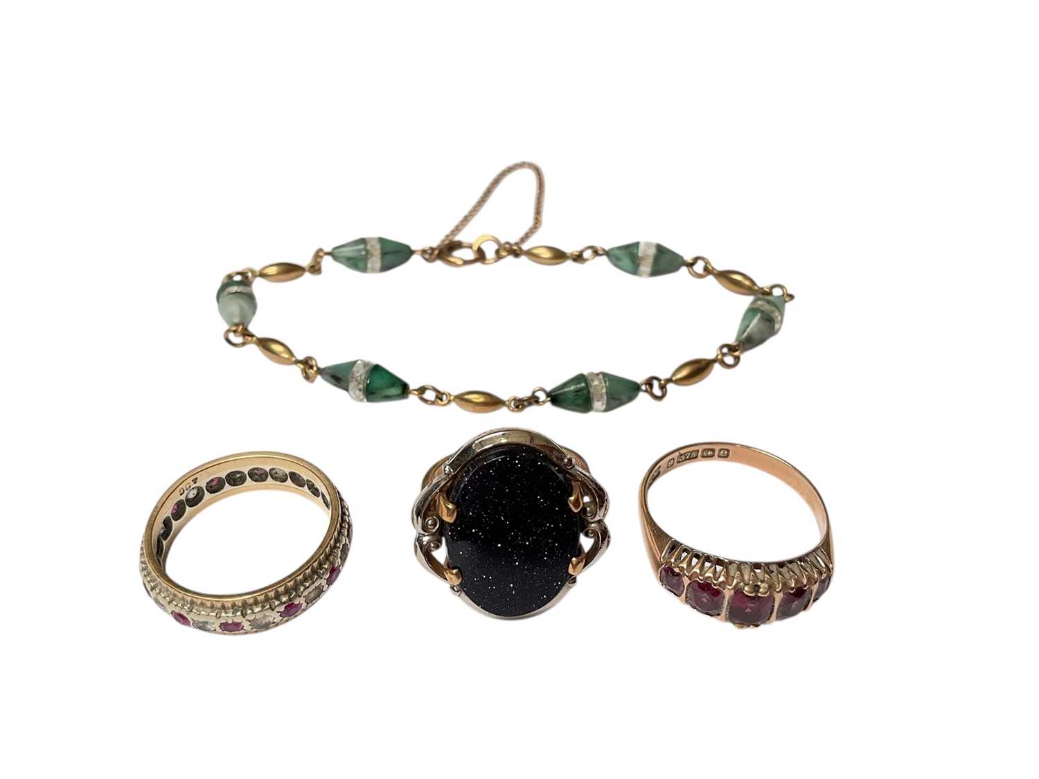 Lot 3 - Three 9ct gold gem set rings, together with a 9ct gold and bead bracelet