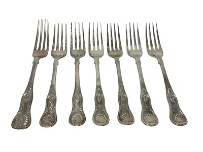 Lot 516 - Set of six Victorian silver Queens pattern dessert forks and one other