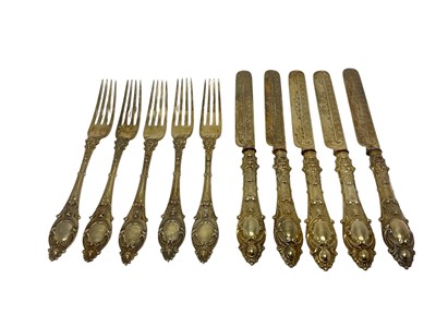 Lot 523 - Five pairs of fine quality Victorian silver gilt dessert knives and forks