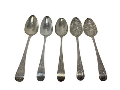 Lot 524 - Pair of George III Old English pattern tablespoons (Peter & Ann Bateman) and three other spoons