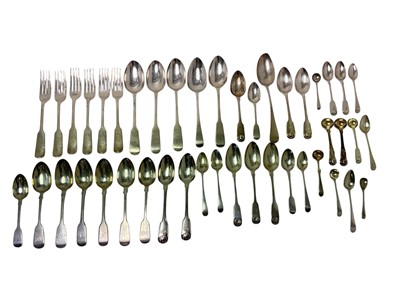 Lot 525 - Group of antique silver flatware to include Georgian and Victorian