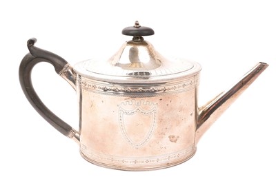 Lot 529 - George III silver neo-classical teapot of oval drum shape with bright-cut decoration