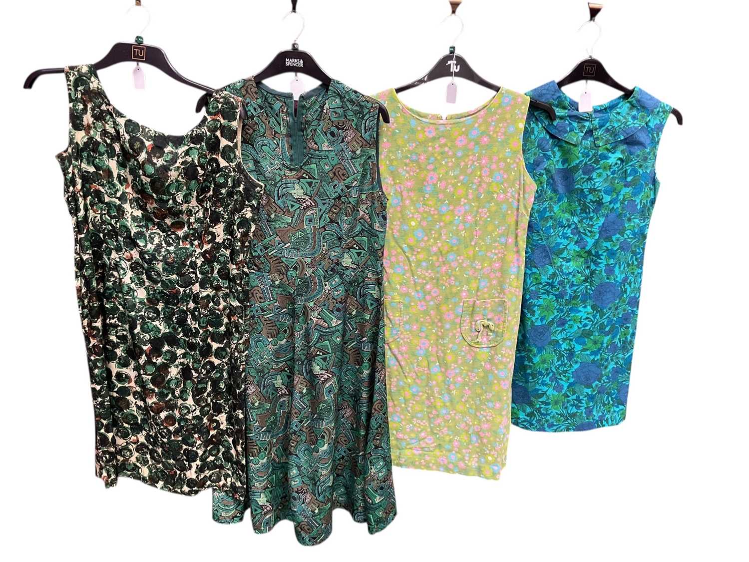 Lot 2097 - 1960's women's clothing including psychedelic maxi skirts, plum velvet jacket, printed cotton shift dresses, sequin and bead tops, other tops etc.