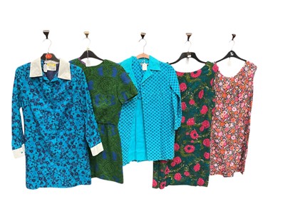 Lot 2097 - 1960's women's clothing including psychedelic maxi skirts, plum velvet jacket, printed cotton shift dresses, sequin and bead tops, other tops etc.