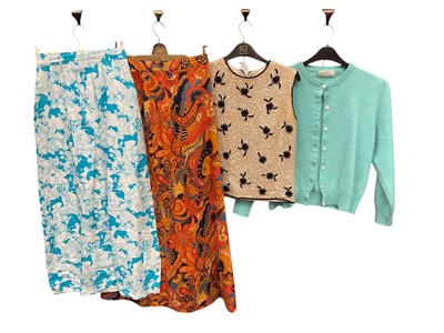Lot 2097 - 1960's women's clothing including psychedelic maxi skirts, plum velvet jacket, printed cotton shift dresses, sequin and bead tops, other tops etc.