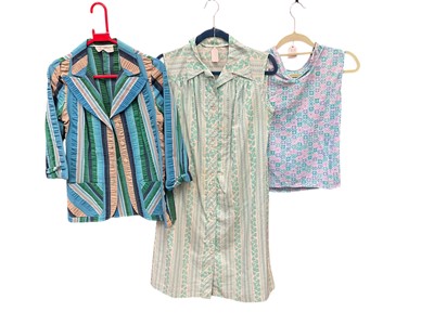 Lot 2097 - 1960's women's clothing including psychedelic maxi skirts, plum velvet jacket, printed cotton shift dresses, sequin and bead tops, other tops etc.