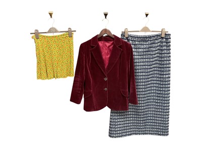 Lot 2097 - 1960's women's clothing including psychedelic maxi skirts, plum velvet jacket, printed cotton shift dresses, sequin and bead tops, other tops etc.