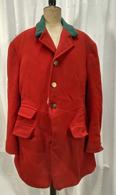 Lot 936 - Vintage red hunting coat with green collar and brass buttons for the Essex Fox Hounds, another black hunting coat, six pairs of breeches