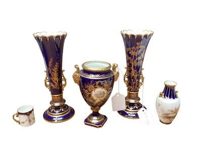Lot 970 - Pair of Edwardian Royal Crown Derby vases, 20cm, Royal Crown Derby miniature vase with painted exotic birds 9.5cm, Edwardian Coalport vase 14cm, and a miniature Coalport mug (5)