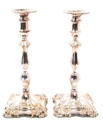 Lot 439 - Pair early 20th century silver on copper candlesticks, in the Georgian style, with knopped stems