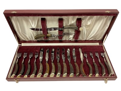 Lot 544 - Plated fish servers and grape scissors and set horn handled steak knives and forks in case