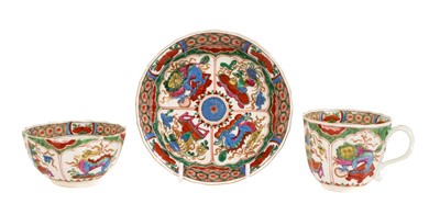 Lot 201 - A Worcester trio, circa 1770, of fluted form, polychrome decorated with the 'Dragons in Compartments' pattern, pseudo-Chinese marks to bases, the saucer 11.75cm diameter