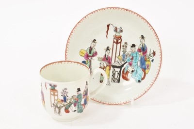 Lot 202 - A Worcester cup and saucer, circa 1765, decorated in the 'Chinese Family' pattern, with patterned rims, the saucer 12cm diameter