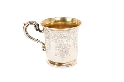 Lot 448 - Victorian silver christening mug with flared rim, engraved foliate decoration and inscription