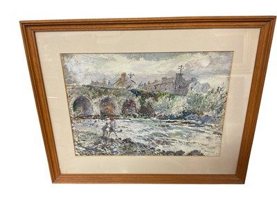 Lot 877 - Claude Bendall (1891-1970) watercolour, ‘Irish River' Children playing on the banks of the Liffey