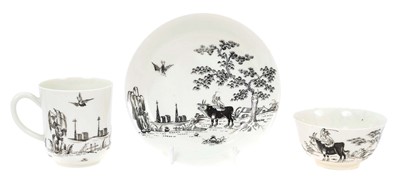 Lot 209 - A Worcester trio, circa 1755-58, pencilled in black with the 'Boy on a Buffalo' pattern, the saucer 12.25cm diameter