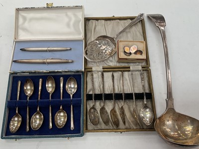 Lot 1127 - Set of six silver teaspoons in fitted case, two silver pens, pair of silver cufflinks and plated flatware