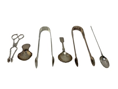 Lot 454 - Selection of miscellaneous silver, including two pairs sugar tongs, mote spoon, two caddy spoons