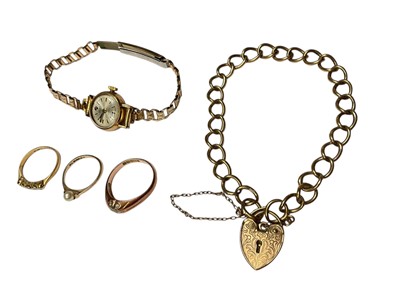 Lot 36 - 9ct gold bracelet with padlock clap, 9ct cased ladies' wristwatch on plated bracelet, two 9ct gold rings and 18ct gold diamond set ring