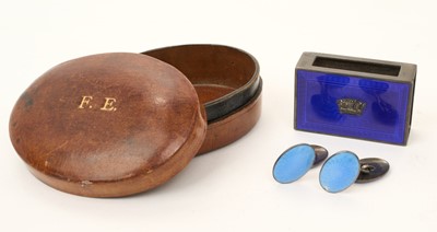 Lot 19 - Of British India interest, silver and blue guilloché enamel match box holder with Mural crown mount, engraved. ' For Hospitality to Rajah AndAvsy 1939-1940' 4.5 x 3cm and pair silver and blue gu...