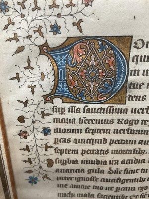 Lot 2417 - Group of items of religious interest, including a miniature holy book on vellum, written in an Abyssinian language and with old paper label, an Ethiopian healing scroll, and a framed manuscript...