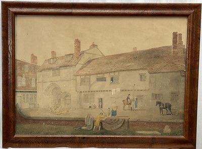 Lot 1229 - Early 19th century English Naive School, watercolour of a village lane, a sign to one of the buildings for 'William Mason, dealer in Corn, Hay and Straw'