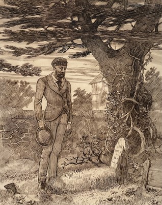 Lot 346 - Charles William Cole, 1920s pen and ink, The Widower, 31cm x 25cm, in glazed frame.