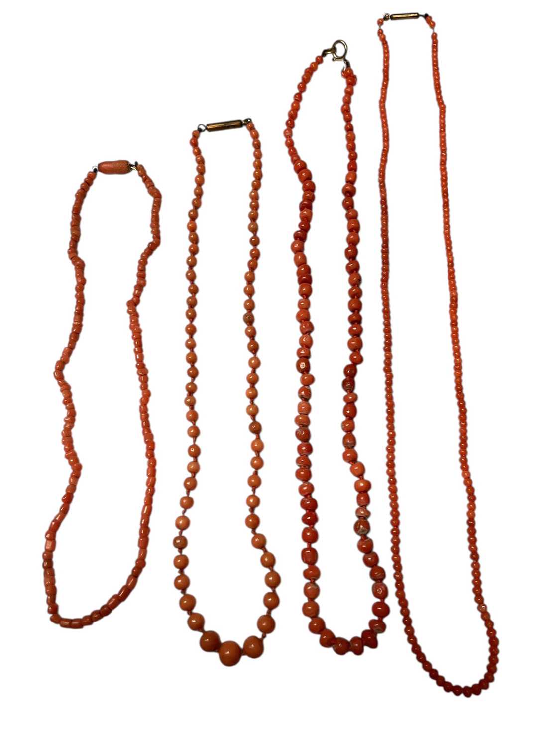 Lot 45 - Four antique coral bead necklaces and one other broken