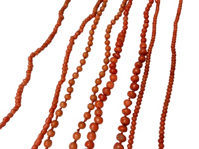 Lot 45 - Four antique coral bead necklaces and one other broken