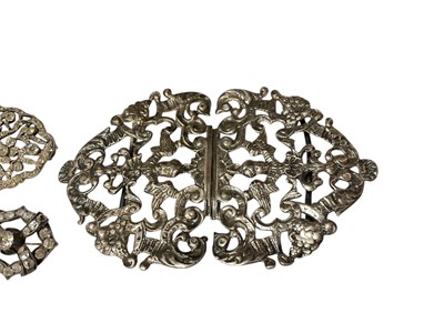 Lot 46 - Collection of silver and white metal brooches including Scottish hardstone brooches, agate brooches, paste set brooches, Victorian silver buckle, silver and mother of pearl fruitknife etc