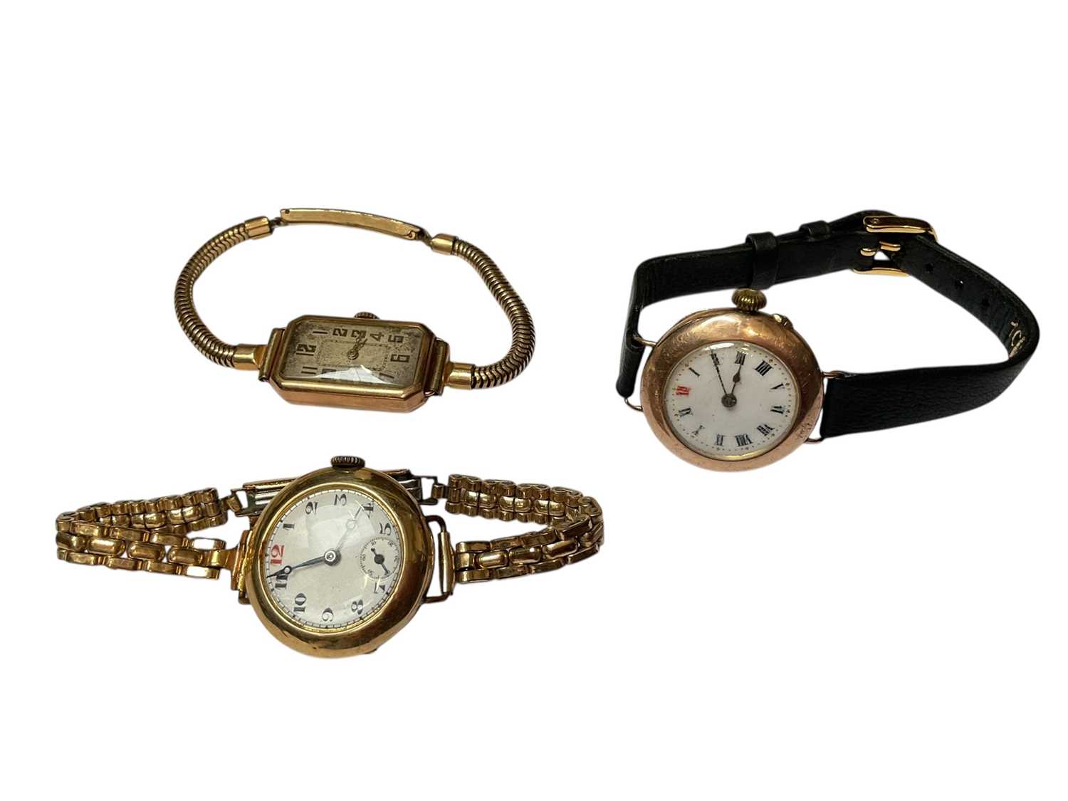 Lot 47 - Antique 15ct gold cased wristwatch (London import 1915) on plated bracelet, 1920s 9ct gold cased wristwatch on plated bracelet and one other 9ct gold cased wristwatch on leather strap (3)