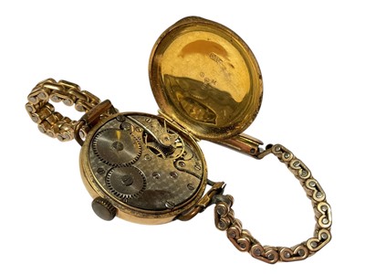 Lot 47 - Antique 15ct gold cased wristwatch (London import 1915) on plated bracelet, 1920s 9ct gold cased wristwatch on plated bracelet and one other 9ct gold cased wristwatch on leather strap (3)